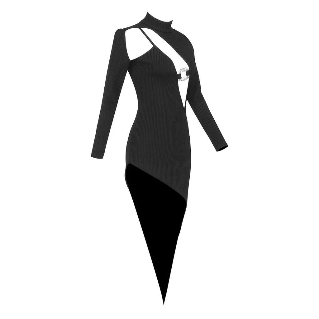 Asymmetrical High Neck Long Sleeve Chunky Knit Bandage Crystal CutOut Dress - Image 6