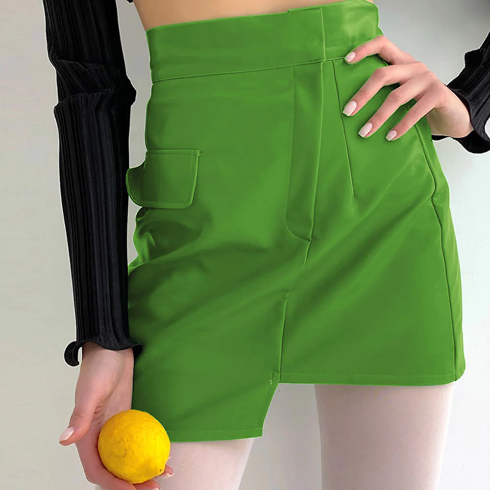 Asymmetrical High Waist Seamed Trim Vegan Leather Mini Skirt - Green - Image 2