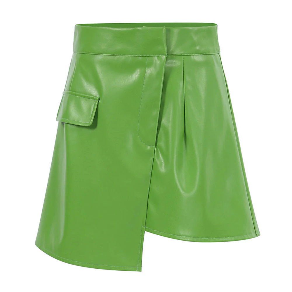 Asymmetrical High Waist Seamed Trim Vegan Leather Mini Skirt - Green - Image 5
