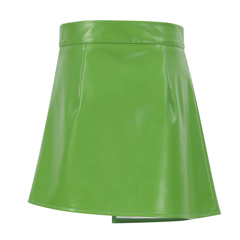Asymmetrical High Waist Seamed Trim Vegan Leather Mini Skirt - Green - Image 6