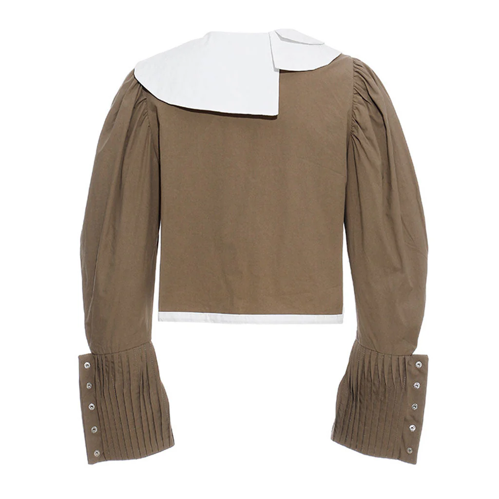 Asymmetrical Layered Collar Puff Sleeve Contrast Frilled Trim Crop Blouse - Image 2