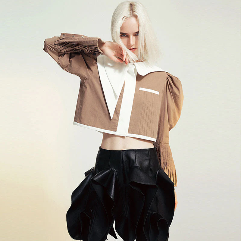 Asymmetrical Layered Collar Puff Sleeve Contrast Frilled Trim Crop Blouse - Image 6