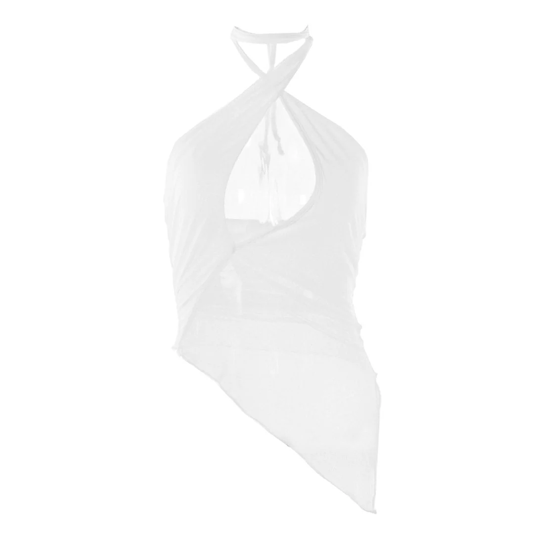 Asymmetrical Mesh Cut Out Sleeveless Wrap Halter Top - White - Image 3