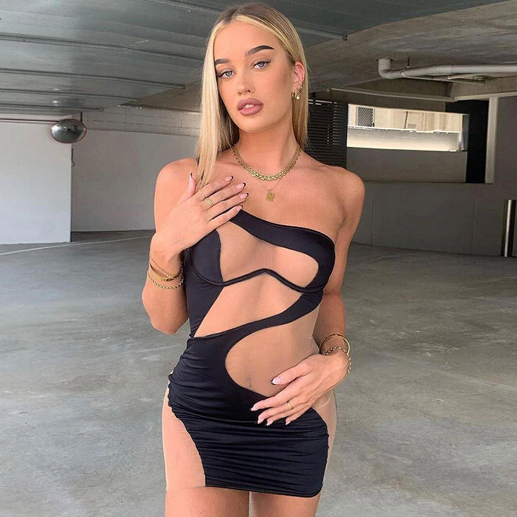 Asymmetrical Mesh Panel One Shouder Bodycon Party Mini Dress - Black - Image 3