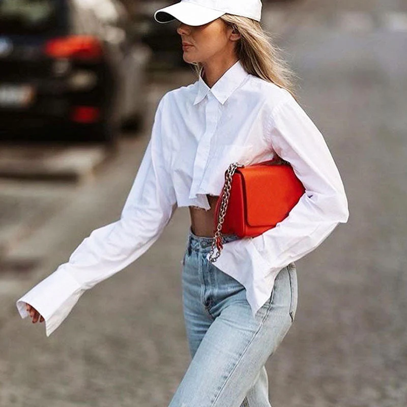 Asymmetrical Raw Hem Pocket Detail Long Sleeve Collared Button Up Crop Shirt - Image 3