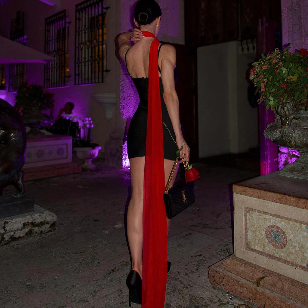 Asymmetrical Red Tulle Scarf Halter Sleeveless Black Bandage Slip Mini Dress - Image 3