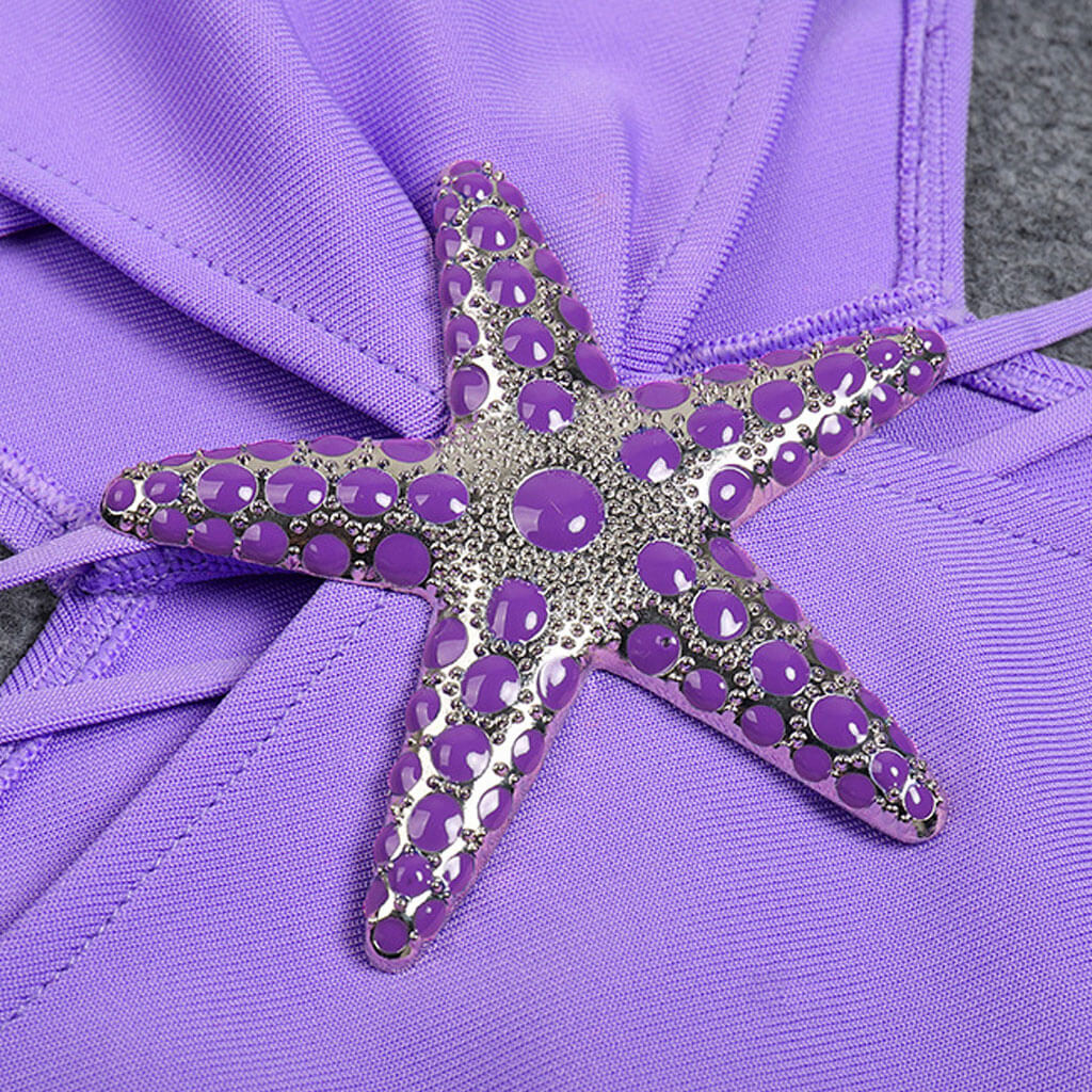 Asymmetrical Rhinestone Starfish Embellished CutOut Shoulder Pad Bandage Cocktail Dress - Image 4