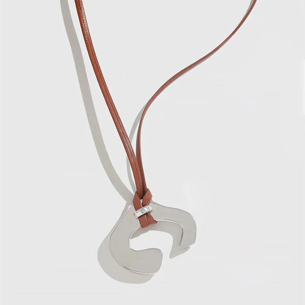 Asymmetrical Rhodium Plated Cuff Pendant Extra Long Leather NeckLace - Image 3
