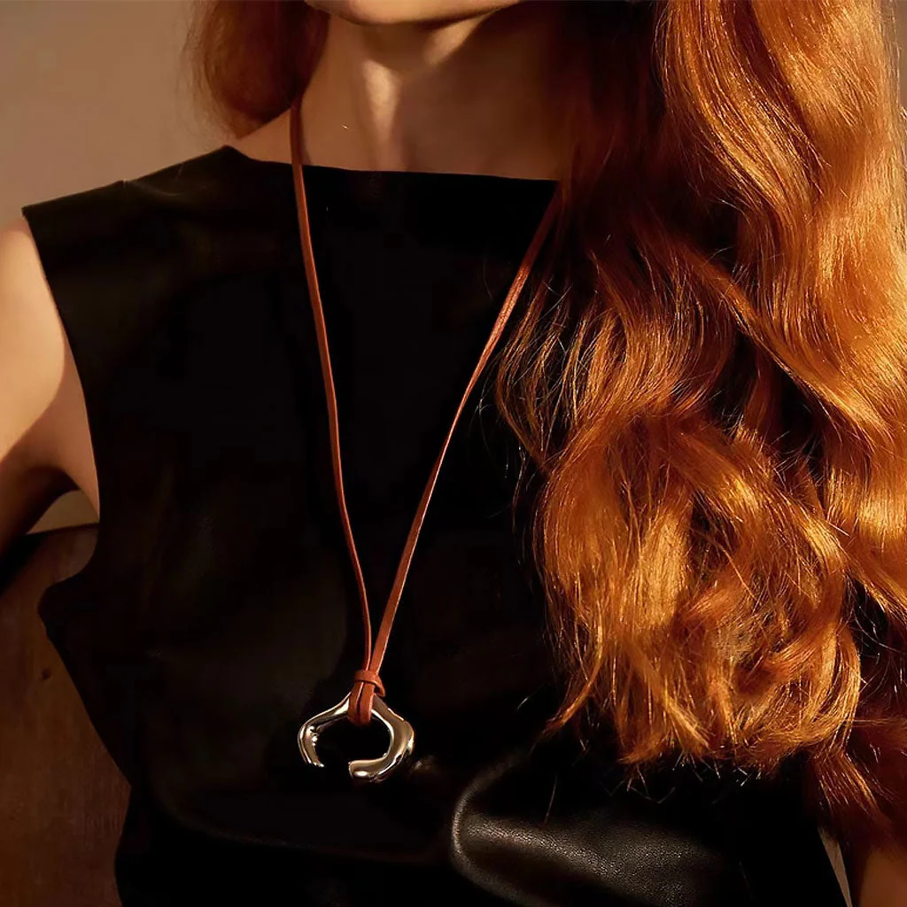 Asymmetrical Rhodium Plated Cuff Pendant Extra Long Leather NeckLace - Image 5