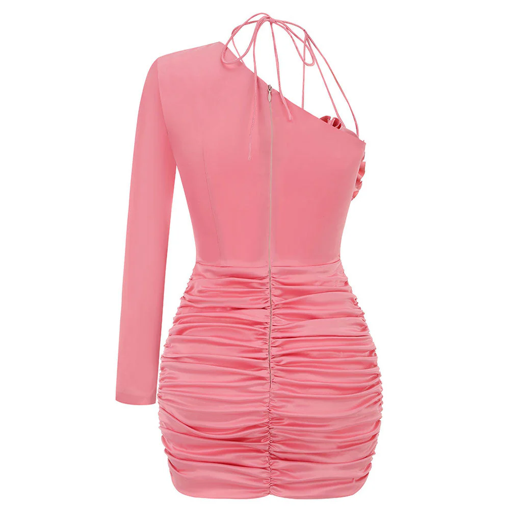 Asymmetrical Rosette Long Sleeve Sheen Satin CutOut Ruched Mini Party Dress - Image 4