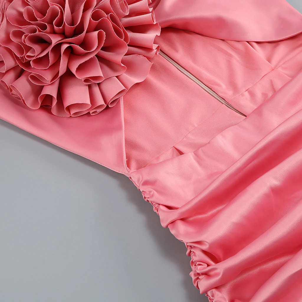 Asymmetrical Rosette Long Sleeve Sheen Satin CutOut Ruched Mini Party Dress - Image 6