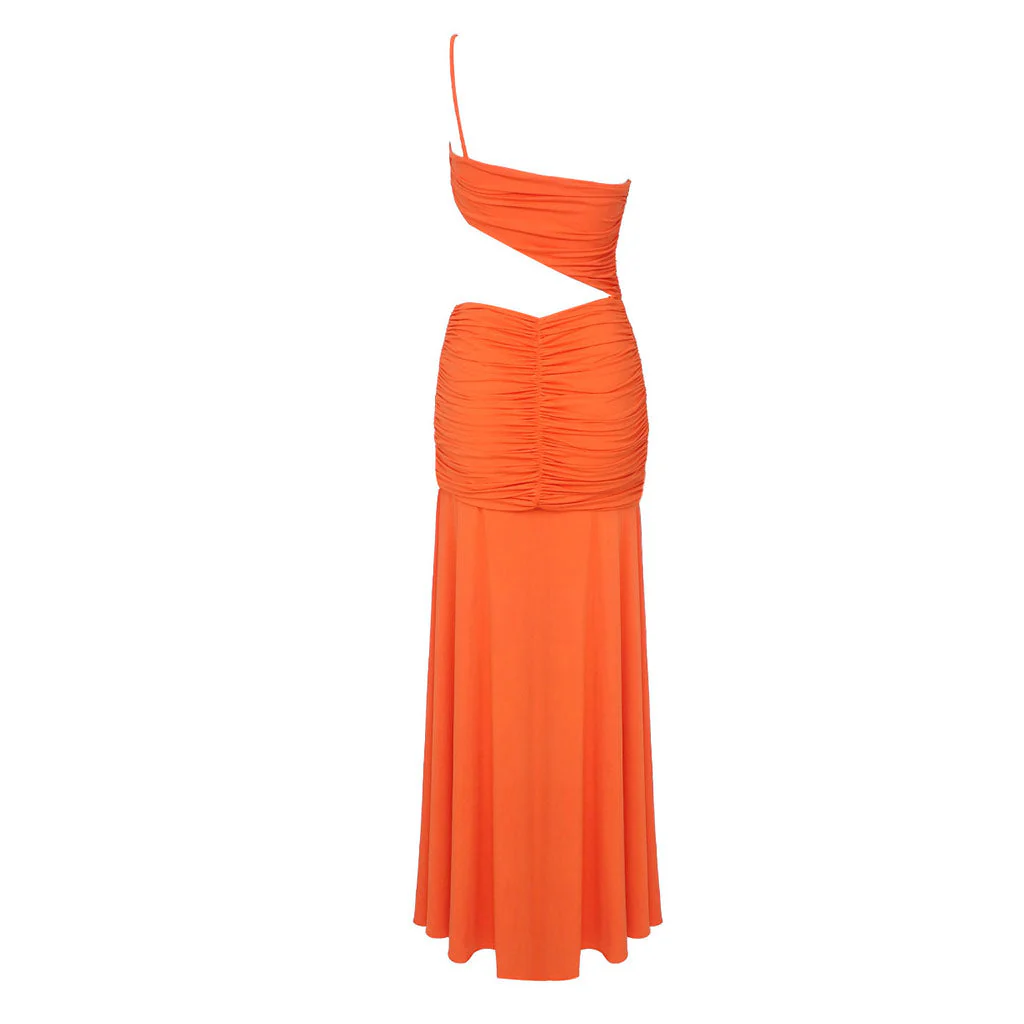 Asymmetrical Rosette One Shoulder CutOut Waist Ruched Drape Maxi Evening Dress - Image 2
