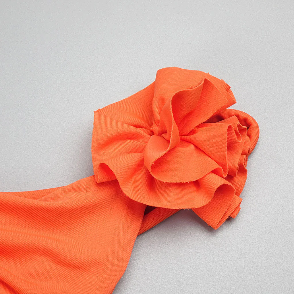 Asymmetrical Rosette One Shoulder CutOut Waist Ruched Drape Maxi Evening Dress - Image 3