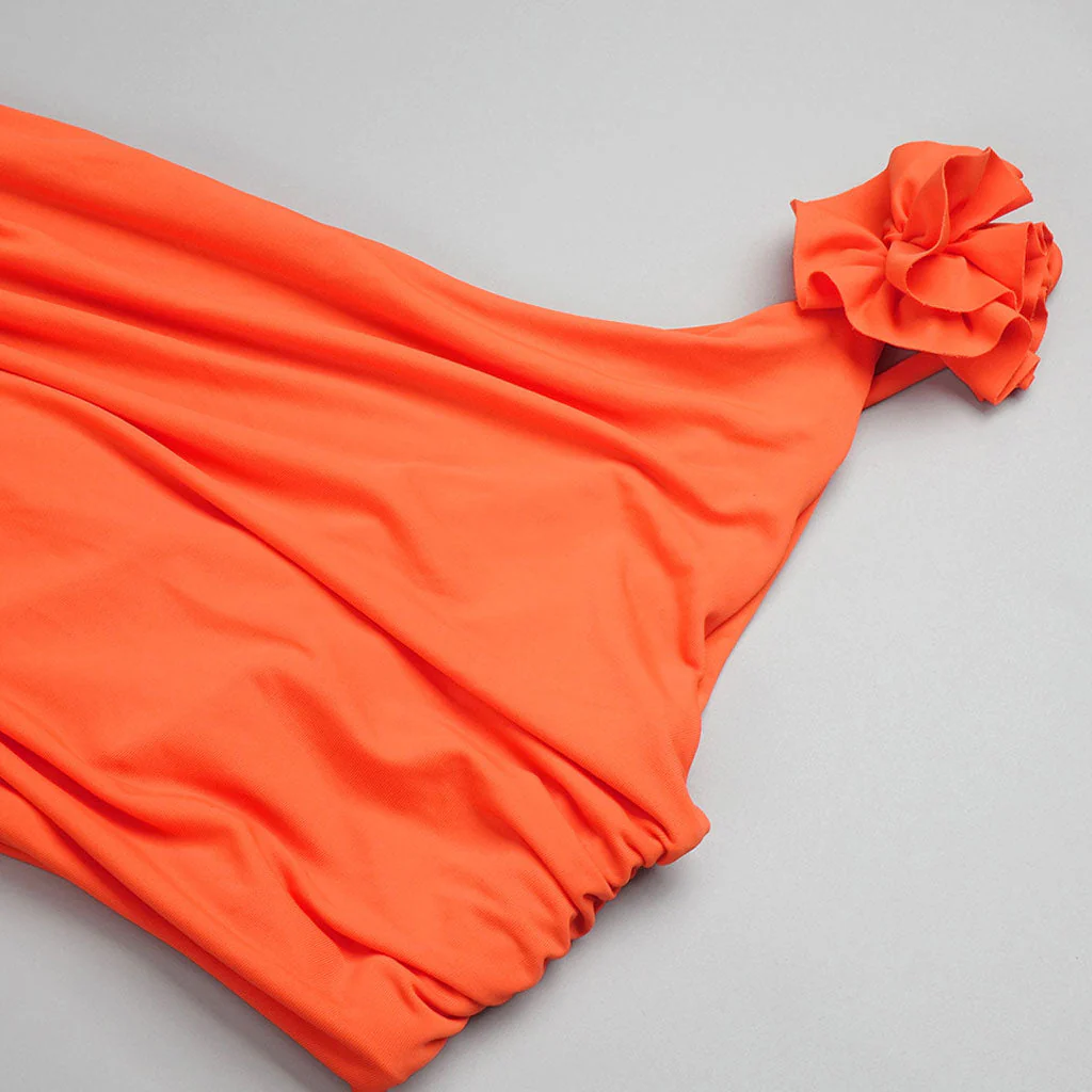 Asymmetrical Rosette One Shoulder CutOut Waist Ruched Drape Maxi Evening Dress - Image 4