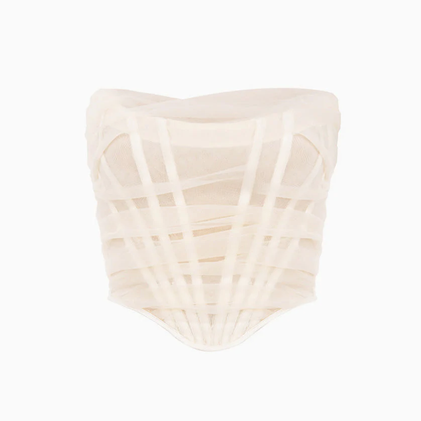 Sheer Style Asymmetrical Ruched Strapless Mesh Corset Top - Ivory - Image 4