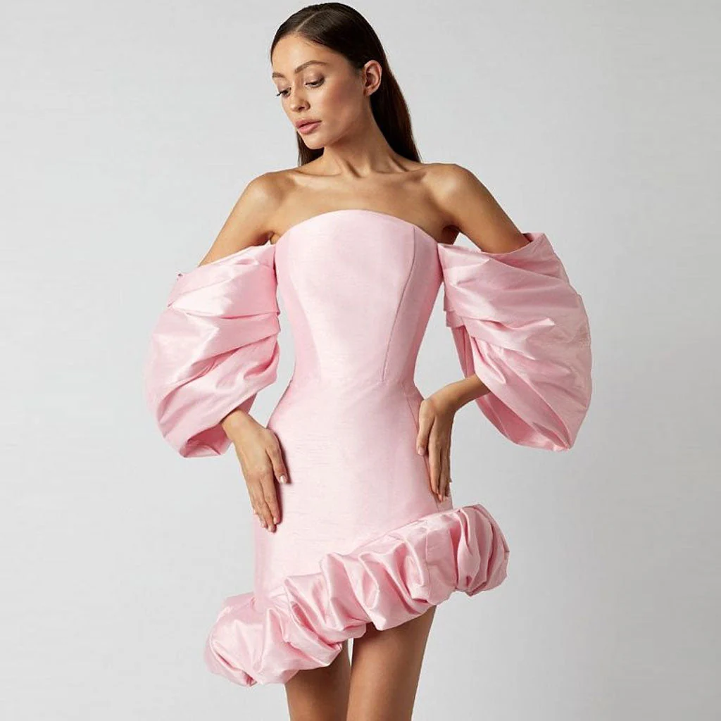 Asymmetrical Ruffle Hem Bubble Sleeve Off Shoulder Satin Bodycon Mini Party Dress - Image 3