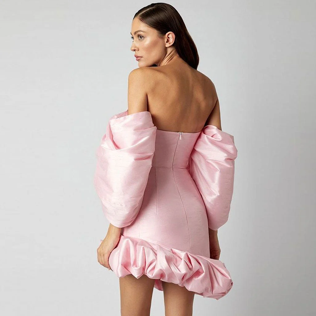 Asymmetrical Ruffle Hem Bubble Sleeve Off Shoulder Satin Bodycon Mini Party Dress - Image 4