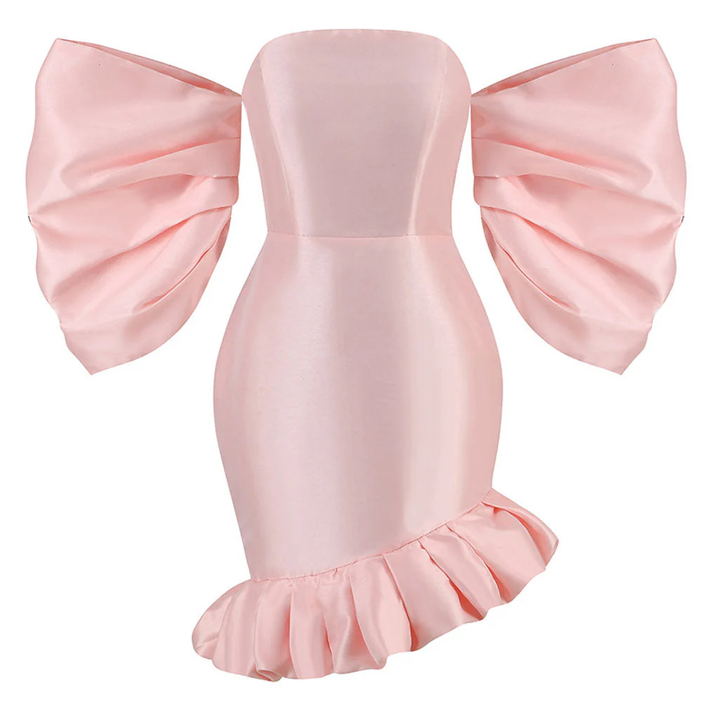 Asymmetrical Ruffle Hem Bubble Sleeve Off Shoulder Satin Bodycon Mini Party Dress - Image 5