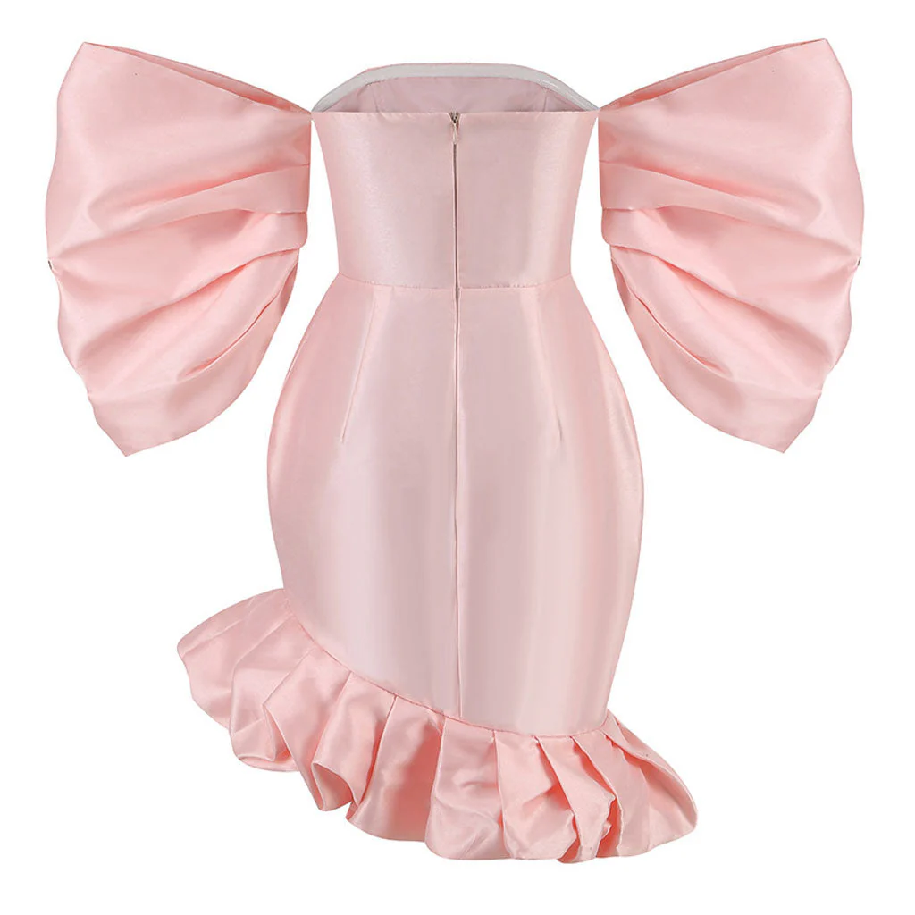 Asymmetrical Ruffle Hem Bubble Sleeve Off Shoulder Satin Bodycon Mini Party Dress - Image 6