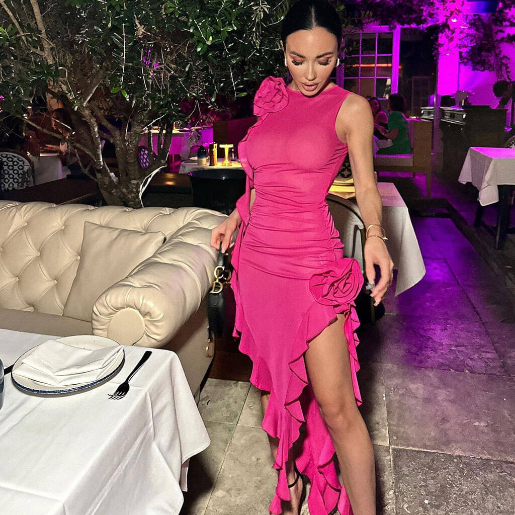 Asymmetrical Ruffle Hem Floral Corsage Sheer Mesh Sleeveless Midi Party Dress - Image 2