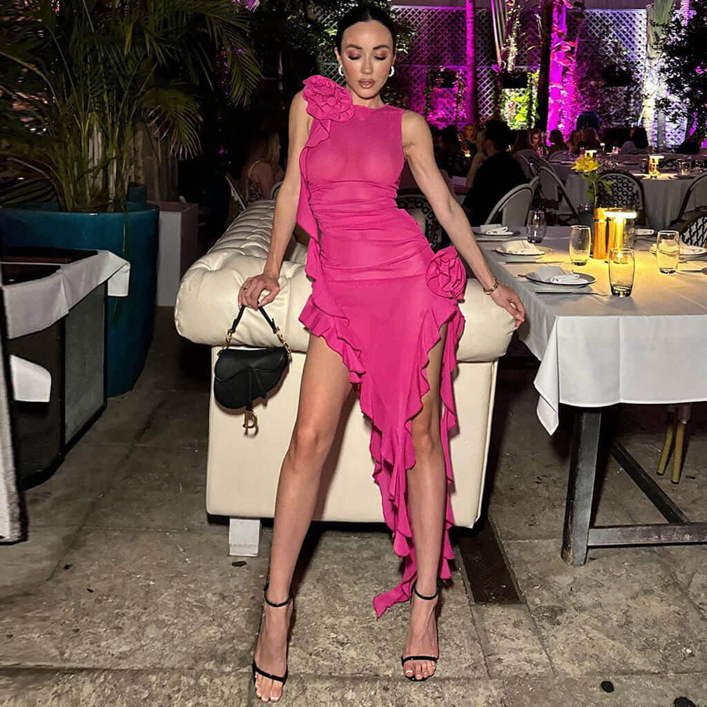 Asymmetrical Ruffle Hem Floral Corsage Sheer Mesh Sleeveless Midi Party Dress - Image 4