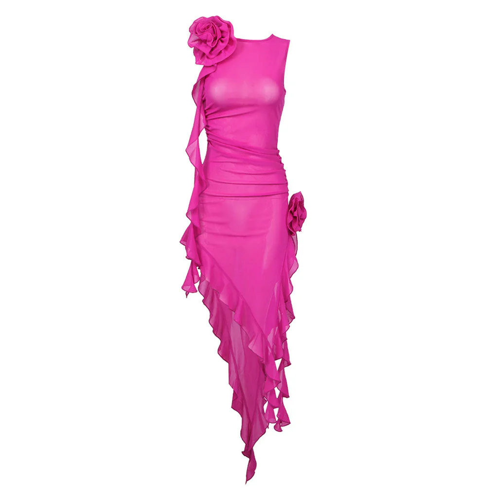 Asymmetrical Ruffle Hem Floral Corsage Sheer Mesh Sleeveless Midi Party Dress - Image 6