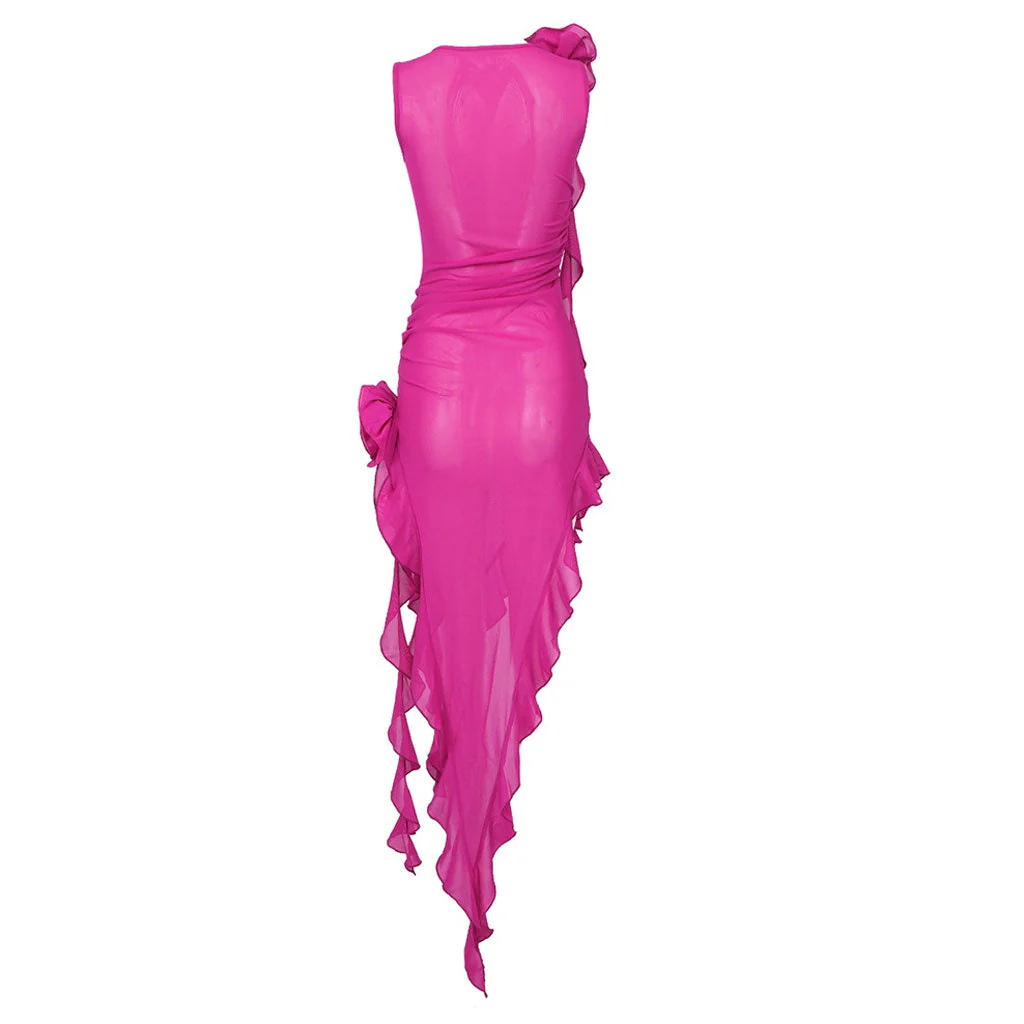 Asymmetrical Ruffle Hem Floral Corsage Sheer Mesh Sleeveless Midi Party Dress - Image 7