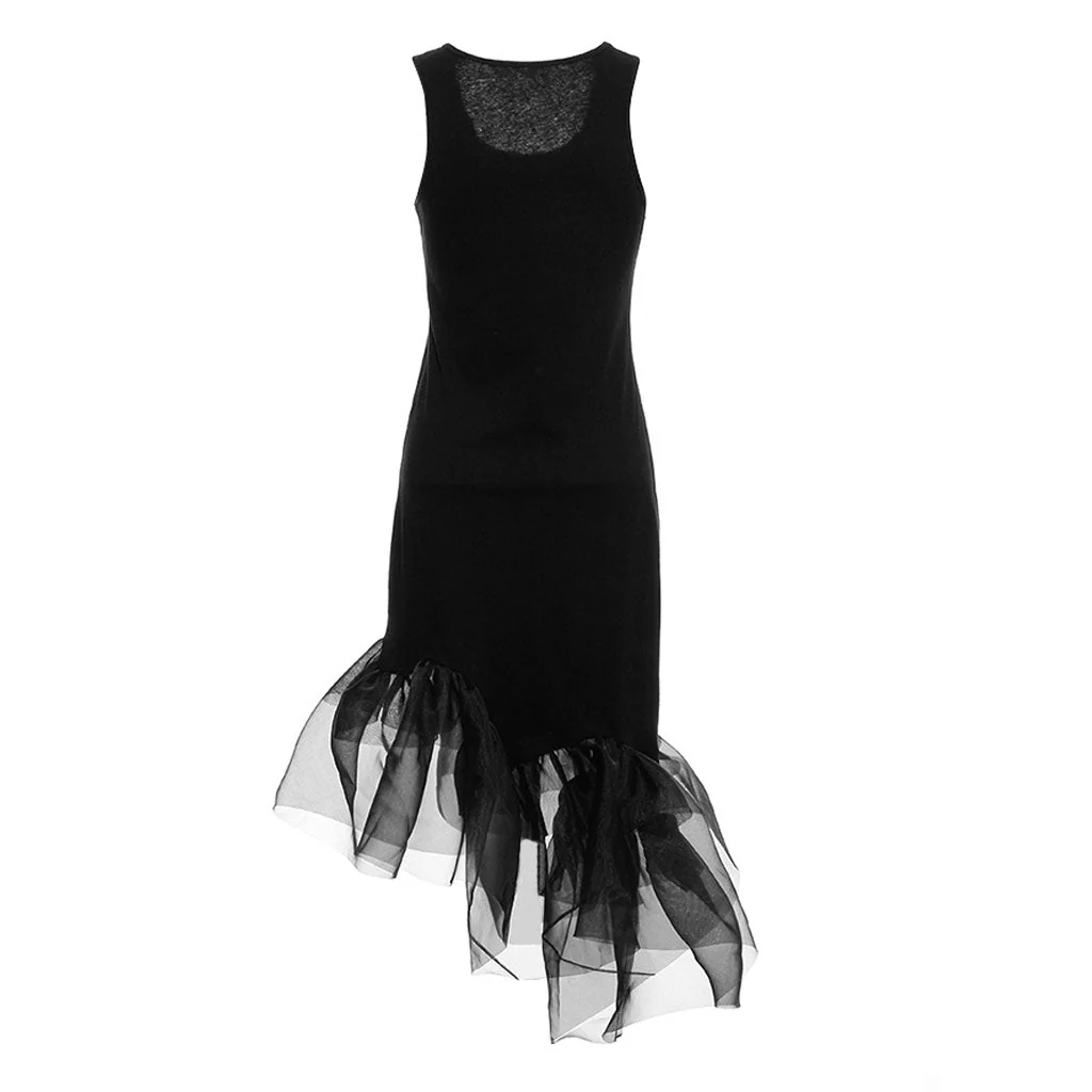 Asymmetrical Ruffle Tulle Hem Scoop Neck Cotton Blend Sleeveless Dress - Image 2