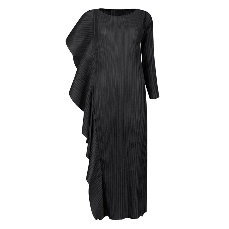 Asymmetrical Ruffled Side Round Neck 3/4 Sleeve Bodycon Pleated Midi Dress - Image 2