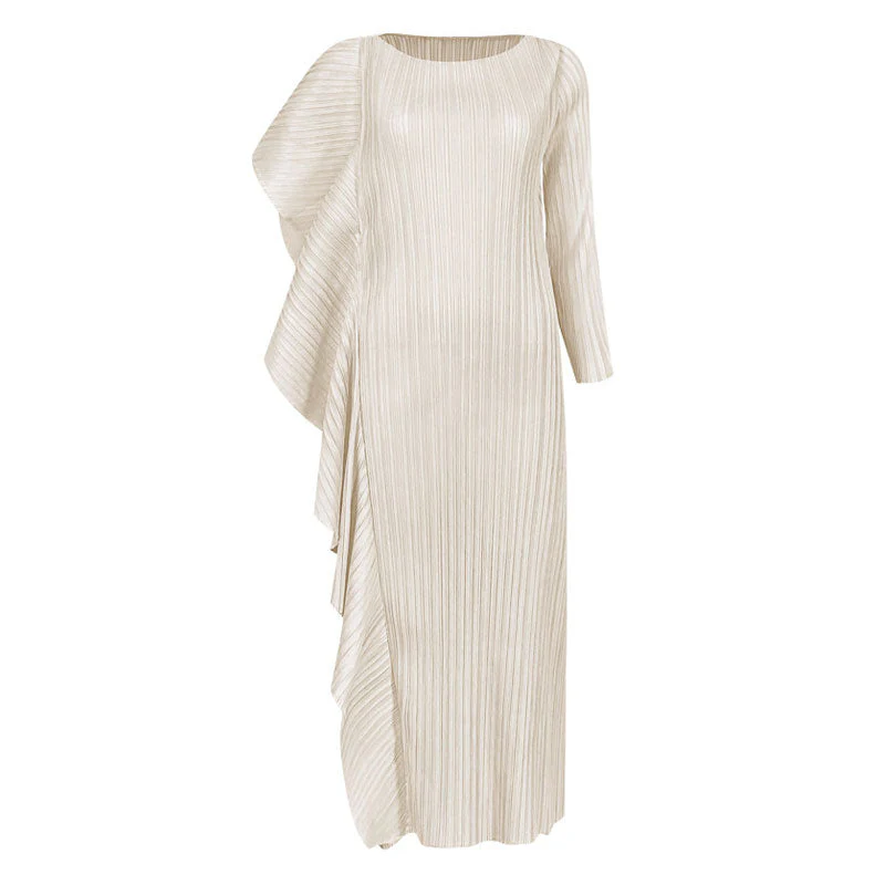 Asymmetrical Ruffled Side Round Neck 3/4 Sleeve Bodycon Pleated Midi Dress - Image 3