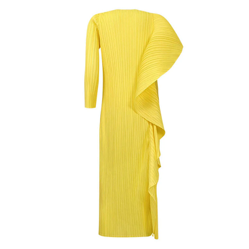 Asymmetrical Ruffled Side Round Neck 3/4 Sleeve Bodycon Pleated Midi Dress - Image 6