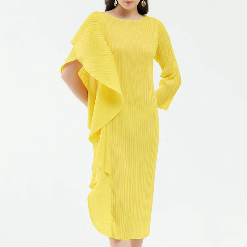 Asymmetrical Ruffled Side Round Neck 3/4 Sleeve Bodycon Pleated Midi Dress - Image 7