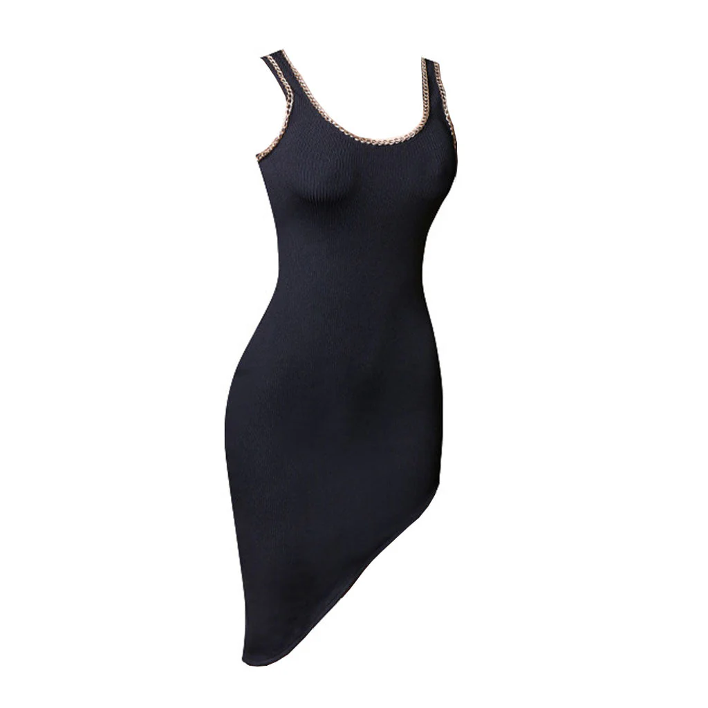 Asymmetrical Scoop Neck Chain Detail Bandage Tank Dress - Black - Image 3