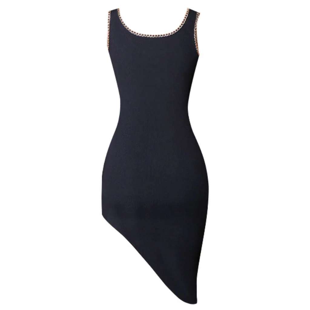 Asymmetrical Scoop Neck Chain Detail Bandage Tank Dress - Black - Image 4