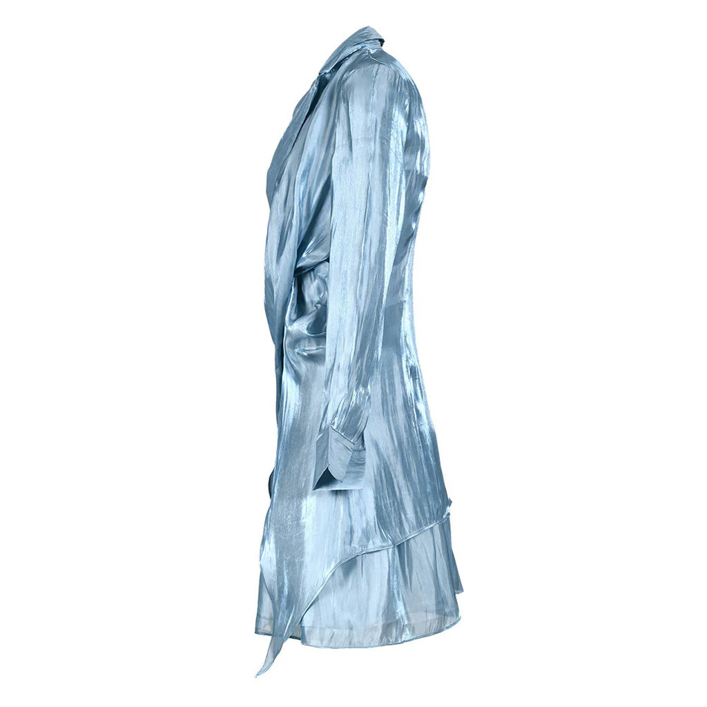 Asymmetrical Sheen Satin Wrap Blouse and Shirred High Waist Mini Skirt Matching Set - Image 2