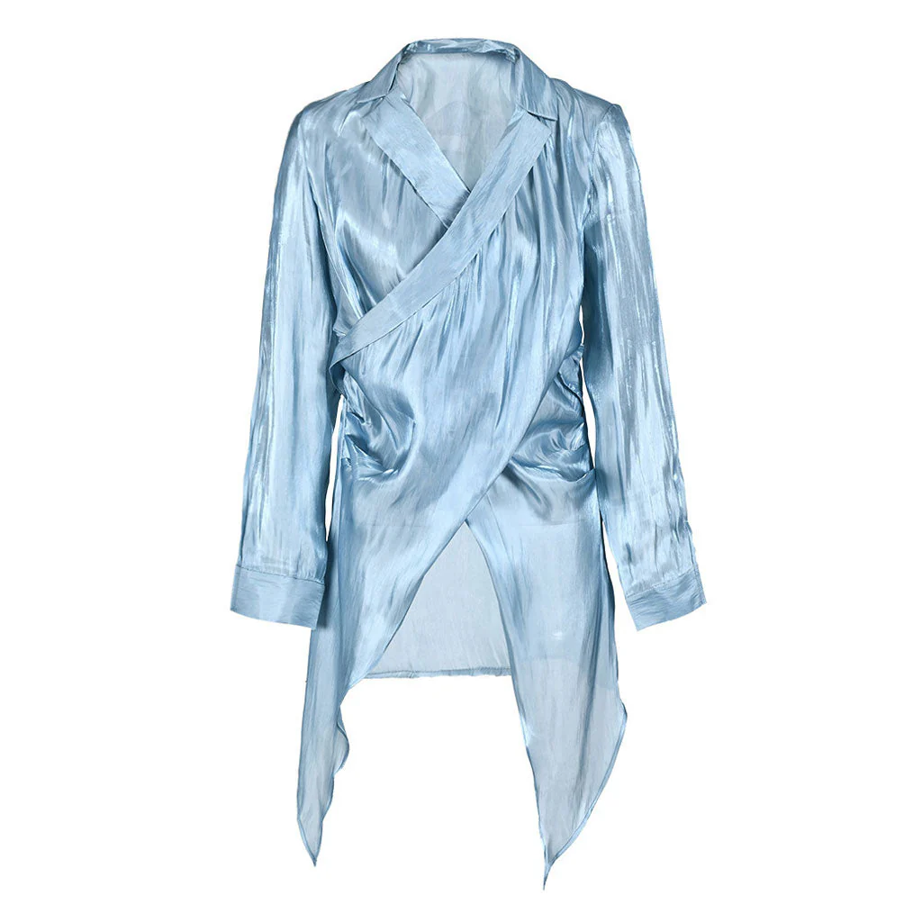 Asymmetrical Sheen Satin Wrap Blouse and Shirred High Waist Mini Skirt Matching Set - Image 4