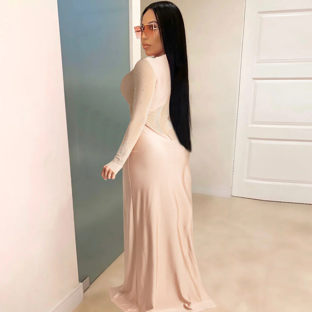 Asymmetrical Sheer Mesh Panel Crew Neck Long Sleeve Rhinestone Jumpsuit - Image 2
