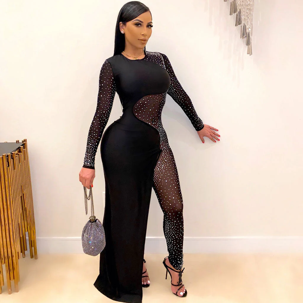 Asymmetrical Sheer Mesh Panel Crew Neck Long Sleeve Rhinestone Jumpsuit - Image 3