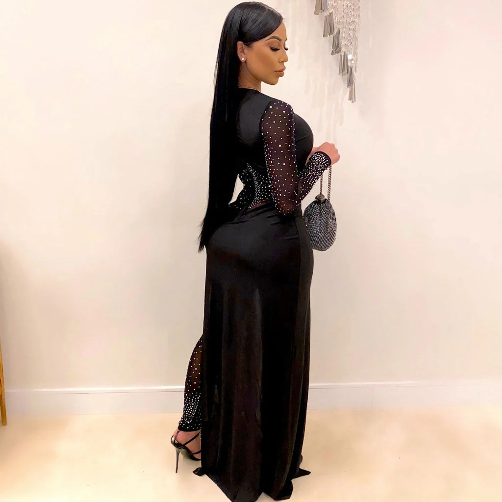 Asymmetrical Sheer Mesh Panel Crew Neck Long Sleeve Rhinestone Jumpsuit - Image 4