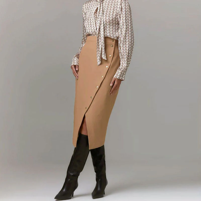 Asymmetrical Split Front Button Down High Waist Wrap Midi Skirt - Khaki - Image 2