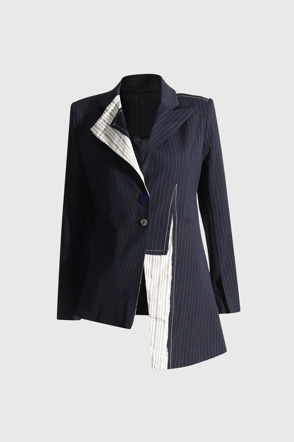 Asymmetrical Striped Blazer - Navy Blue - Image 2