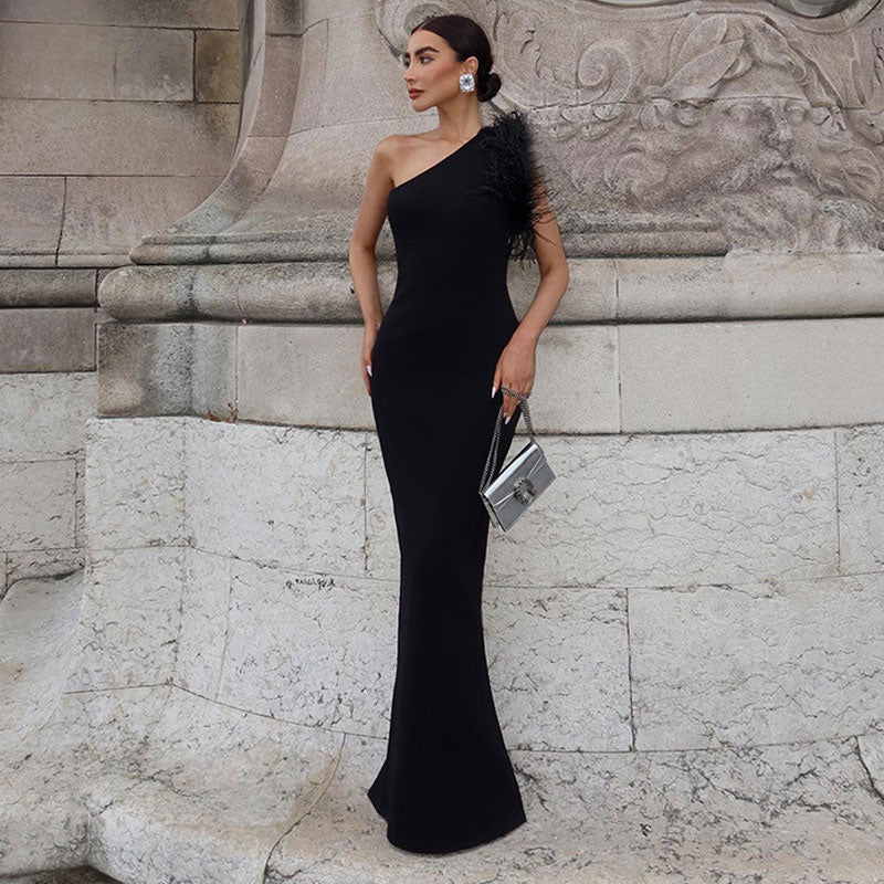 Asymmetrical Wispy Feathered One Shoulder Back Split Bandage Knit Maxi Evening Dress - Image 2