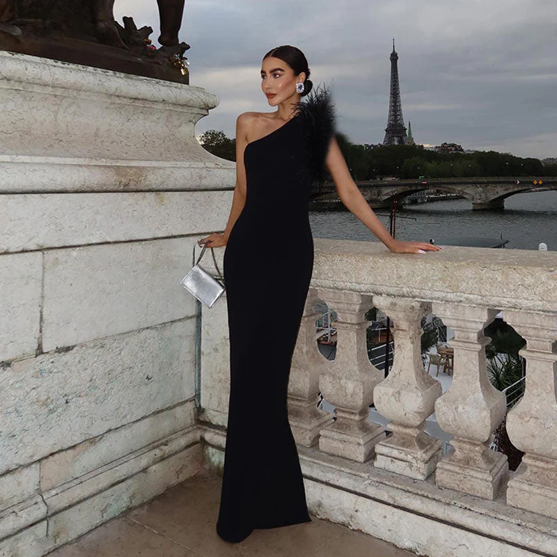 Asymmetrical Wispy Feathered One Shoulder Back Split Bandage Knit Maxi Evening Dress - Image 4