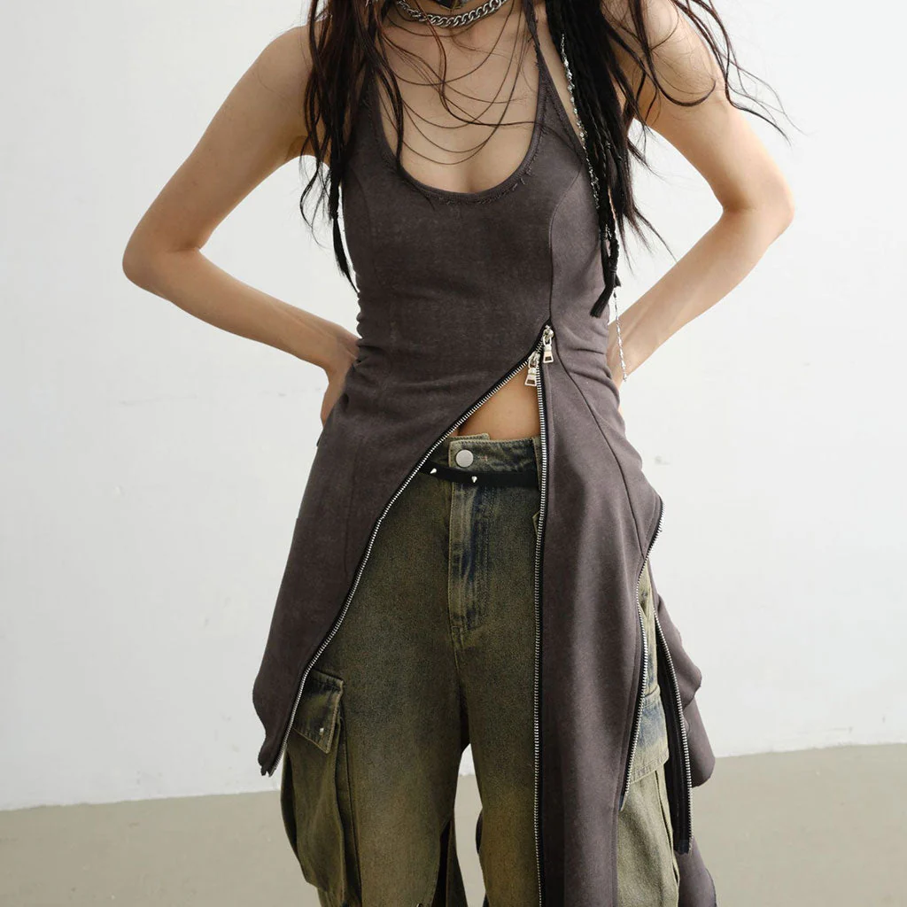 Asymmetrical Zipper Tie Strap Spiral Ruffle Ruched Cargo Pocket Mini Slip Dress - Image 3