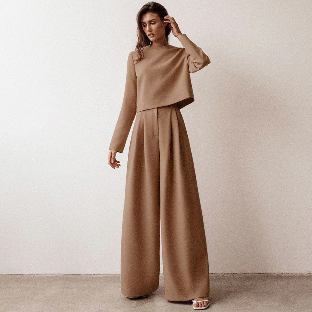 Athflow Long Sleeve Crop Top Wide Leg Pant Matching Set - Coffee - Image 2