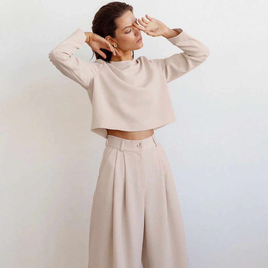 Athflow Long Sleeve Crop Top Wide Leg Pant Matching Set - Khaki - Image 2