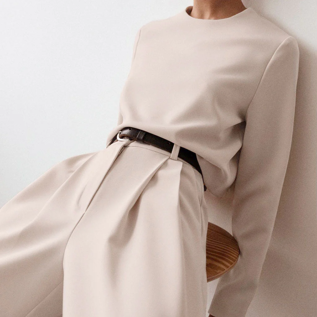 Athflow Long Sleeve Crop Top Wide Leg Pant Matching Set - Khaki - Image 3