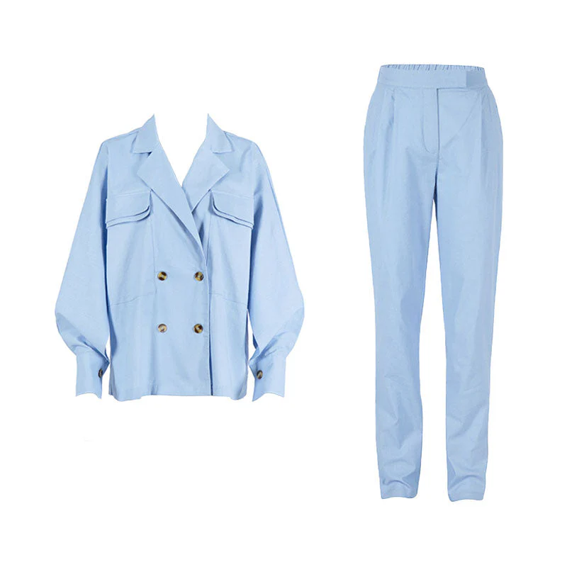Athflow Peak Lapel Long Sleeve Linen Blazer Matching Set - Blue - Image 2