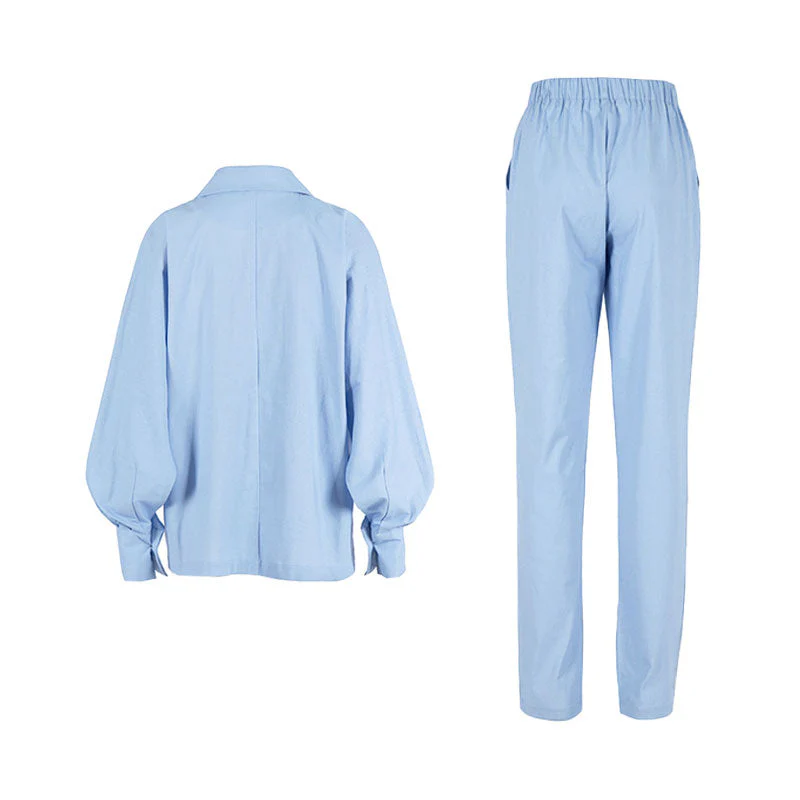 Athflow Peak Lapel Long Sleeve Linen Blazer Matching Set - Blue - Image 3