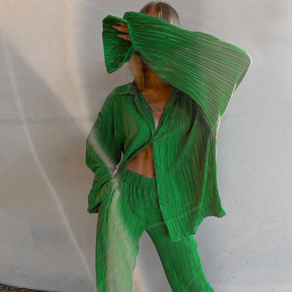 Athflow Shirred Long Sleeve Blouse Wide Leg Pant Matching Set - Green - Image 2